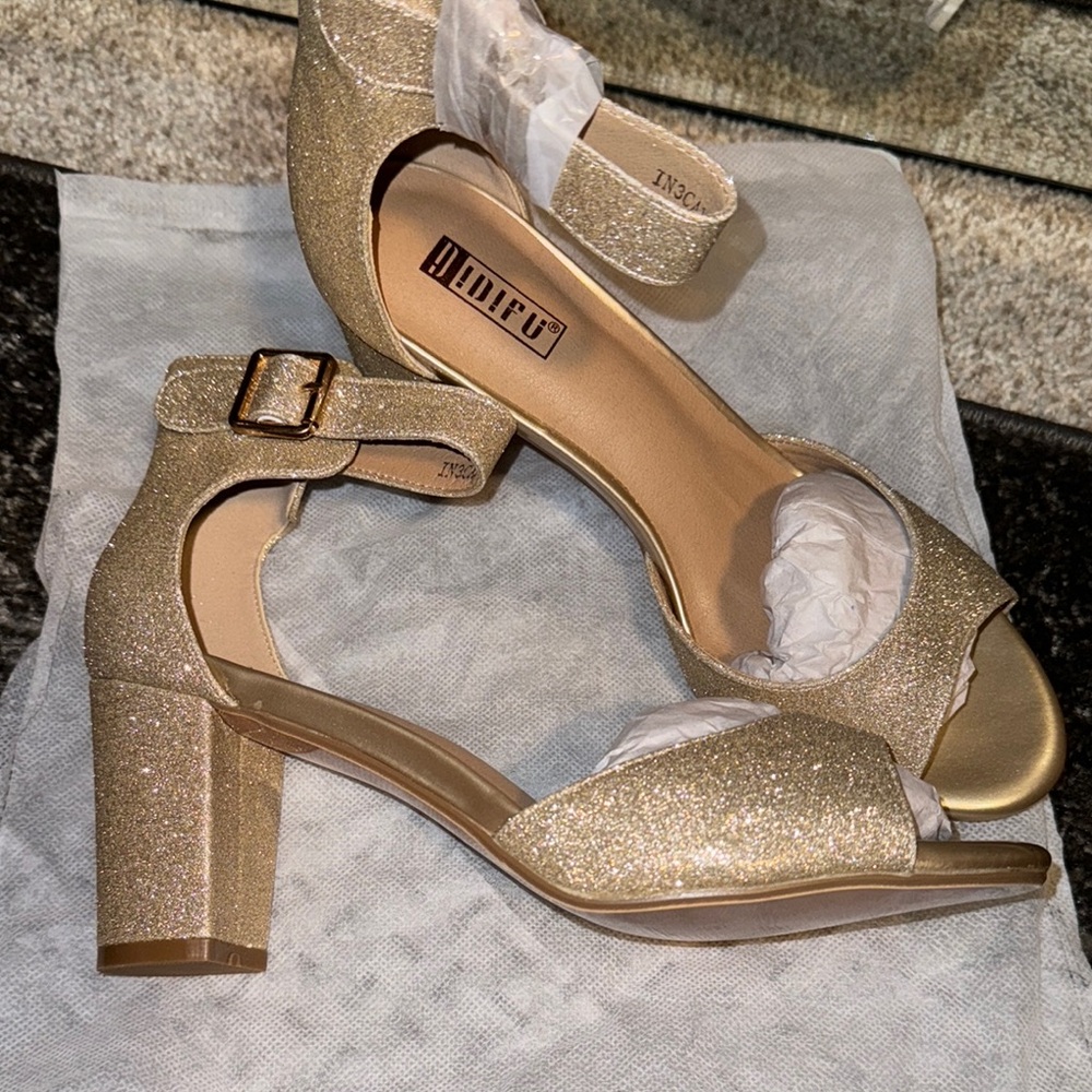 Glittery Gold Ankle Strap Heels by Qupid  New